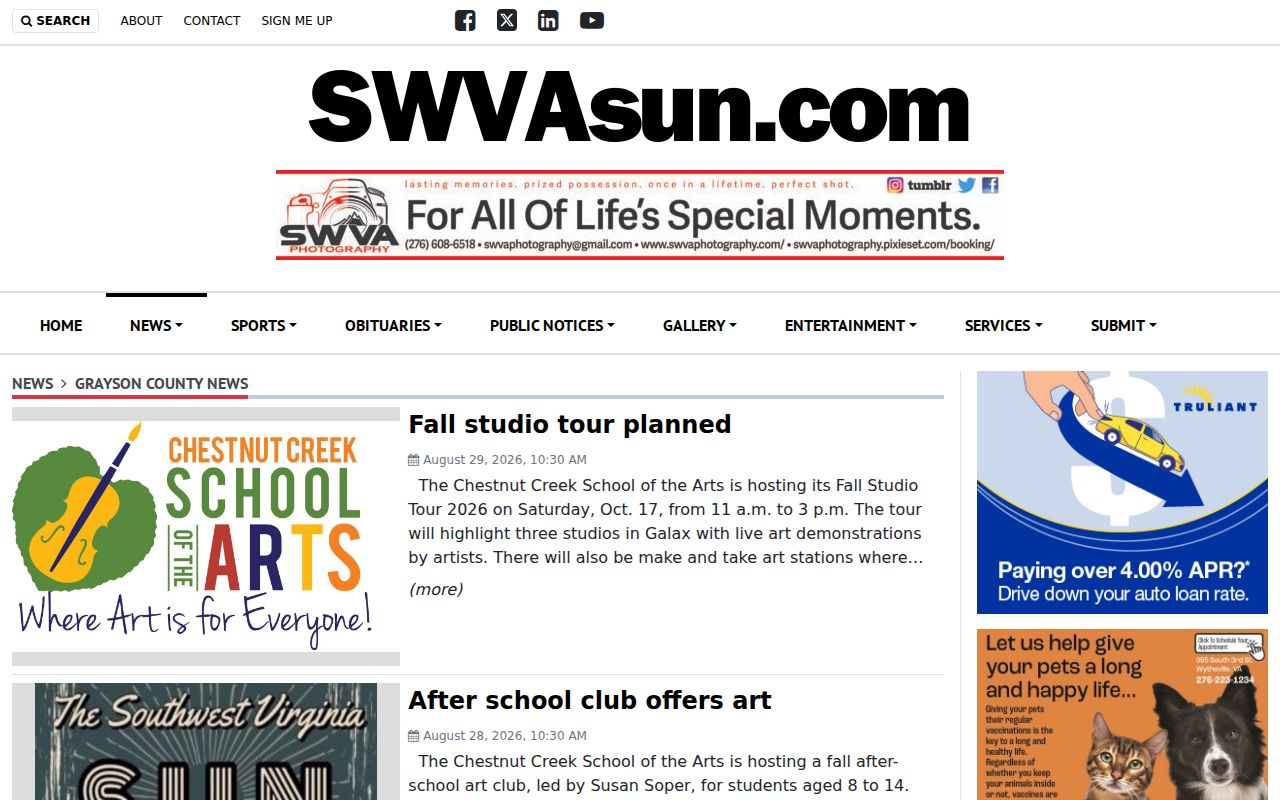 SWVA Sun Grayson County News section showing date-stamped article listings