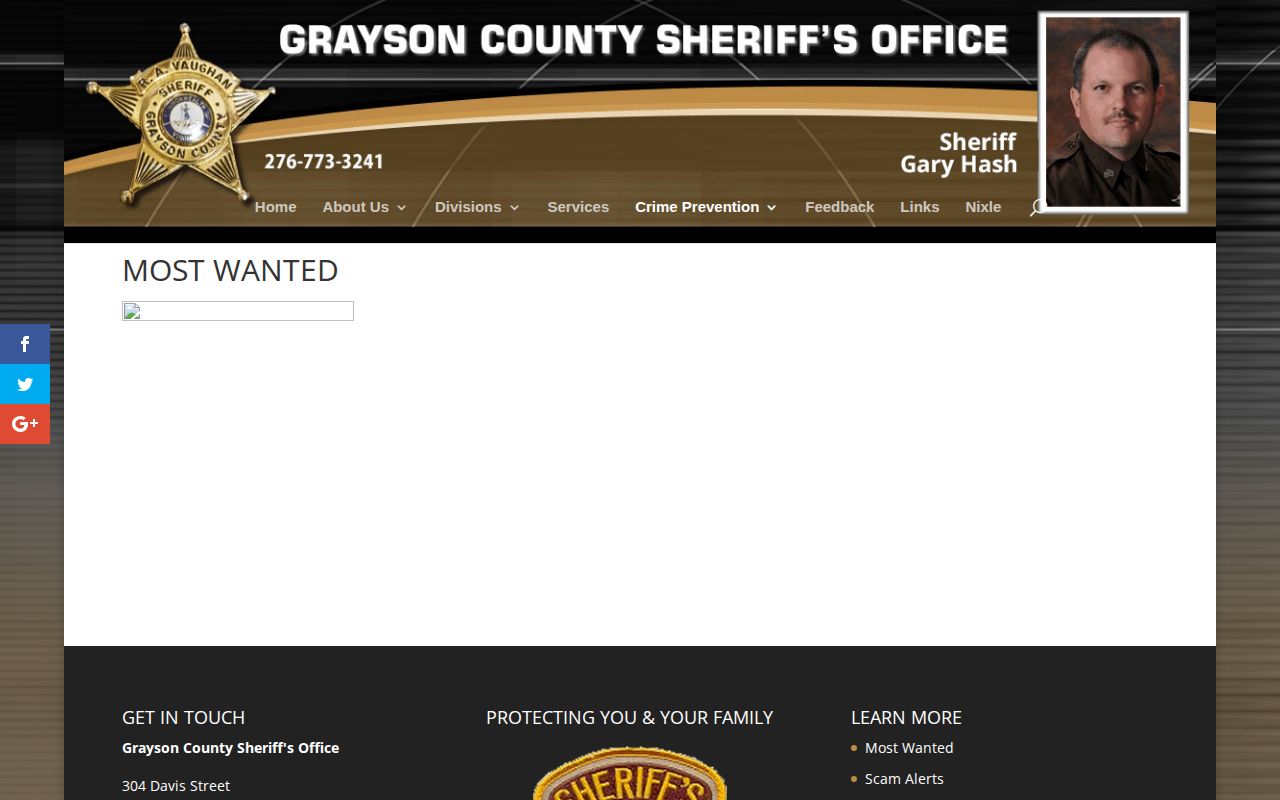Grayson County Sheriff's Office Most Wanted page with no populated wanted-person listings visible